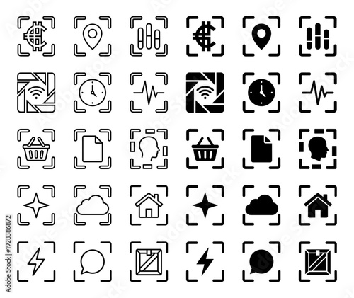Collection of minimalist hybrid scan frame icons featuring integrated symbols for commerce data logistics and communication in outline and solid styles
