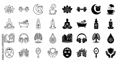 Wellness and Mindfulness Icon Set Featuring Hybrid Symbols of Anatomy Merged with Nature and Ritual Elements in Line Art and Solid Glyph Styles