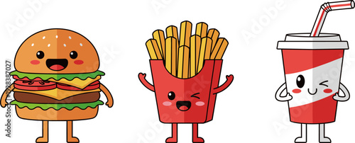 Kawaii Fast Food Character Set with Happy Burger, French Fries, and Soda Cup in Flat Vector Art