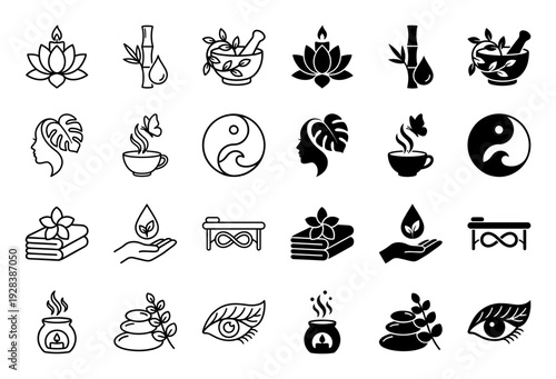 Wellness and holistic spa icons featuring hybrid symbols like lotus candles bamboo water drops and herbal mortar bowls in outline and solid styles