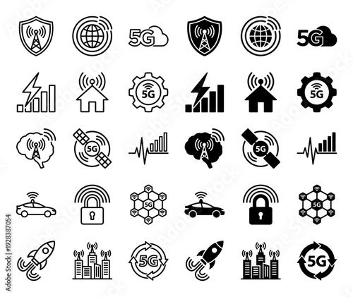 Set of 5G network icons featuring hybrid symbols of connectivity speed and security in both outline and solid styles for mobile telecommunication