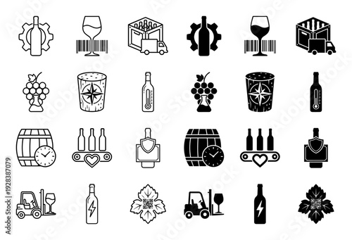 Professional wine production and logistics icon set featuring hybrid symbols of viticulture manufacturing distribution and quality control