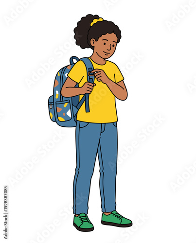 Smiling school girl adjusting backpack strap wearing casual clothes flat illustration concept of education and daily student routine
