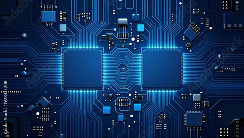 Abstract Blue Glowing Circuit Board Texture - High-Tech Digital Technology Background. Futuristic AI Circuit Board Background with CPU Microchips and Processor Semiconductor. 
