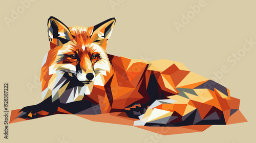 A geometric illustration of a relaxed fox rendered in a low-poly style with vibrant orange tones