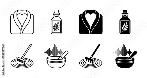 Wellness and Mindfulness Icon Set Featuring Hybrid Symbols of Zen Garden Rake Sound Bowl Essential Oil and Spa Robe in Outline and Solid Styles