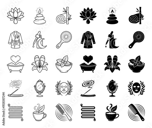 Wellness and holistic spa icons featuring hybrid symbols like lotus candles and herbal bath rituals in both outline and solid silhouette styles