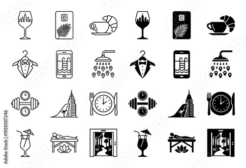 Luxury lifestyle and travel hybrid icon set featuring conceptual combinations of hospitality leisure wellness and high end service symbols in outline and solid style