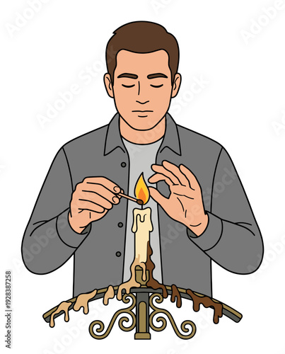 Man lighting candle with match on ornate stand flat illustration concept of ritual remembrance and spiritual reflection