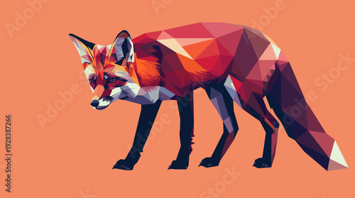 A geometric fox, rendered with triangular shapes in shades of red, orange, and white, set against a peach background