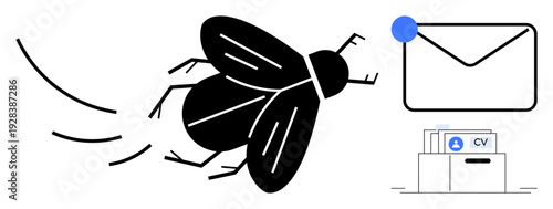 Email spam concept. A fly spam around CV files and digital mail notifications. Email spam warning, phishing risks and secure correspondence. For cybersecurity, fraud prevention, digital safety, email
