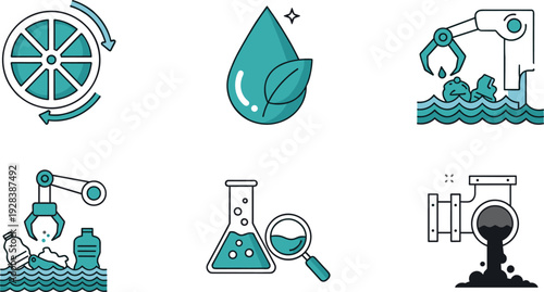 Water Treatment and Environmental Recycling Icon Set with Industrial Waste Control in Flat Style