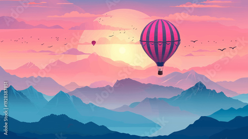 Pixelated landscape features a hot air balloon and silhouettes of birds at sunset