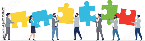 Group of diverse business people collaborating to connect colorful yellow, blue, green, and red puzzle pieces together, isolated on white background