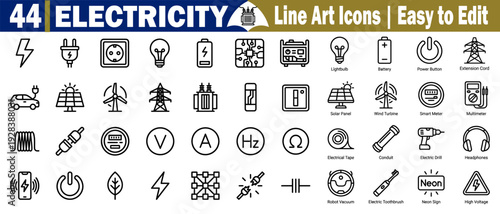 Electric power and electronics line icons. Featuring a smart meter, a renewable energy source power button, home appliances, and an industrial components vector illustration.