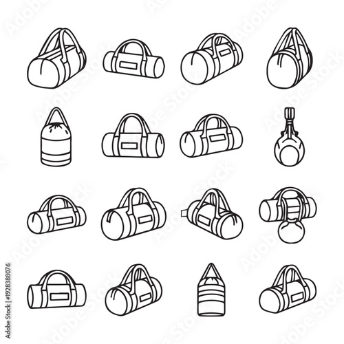 Collection of gym bags and duffel bags in various styles and perspectives line art