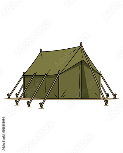 Military field tent secured with ropes flat illustration concept of camping temporary shelter and outdoor expedition