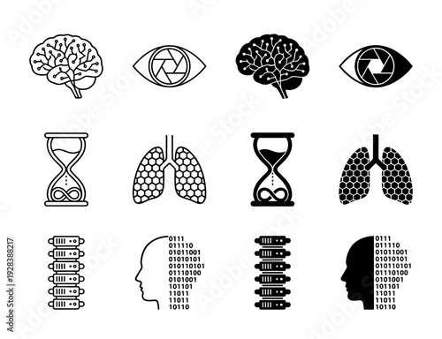 Collection of minimalist hybrid conceptual icons merging human anatomy with digital technology and data processing symbols in line and solid style