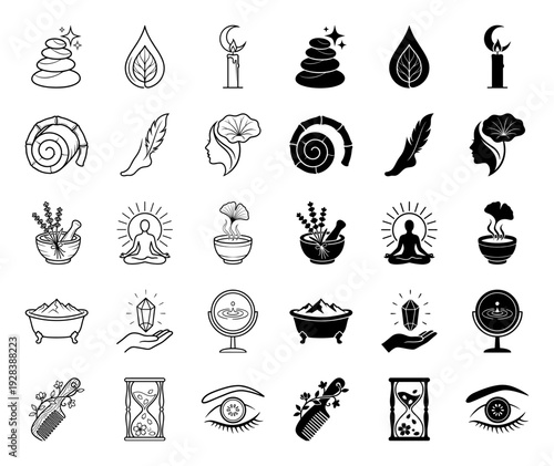 Wellness and holistic spa icon set featuring hybrid symbolic designs merging nature elements with self care rituals in line and solid styles
