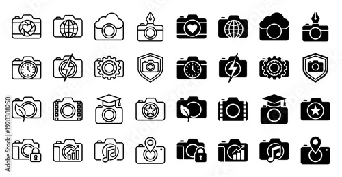 Collection of camera hybrid icons merging photography equipment with symbols for nature music education security and data analytics in outline and solid styles