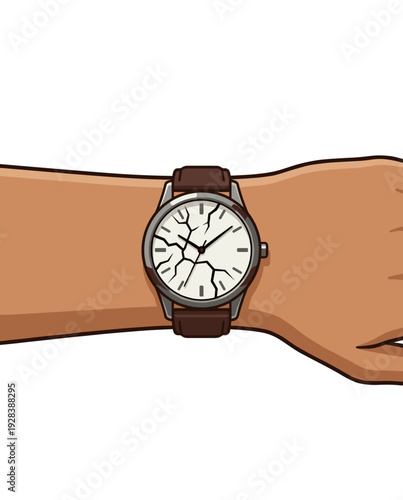 Close up of wristwatch with cracked glass face on human hand isolated on white background. Concept of broken time and deadline pressure