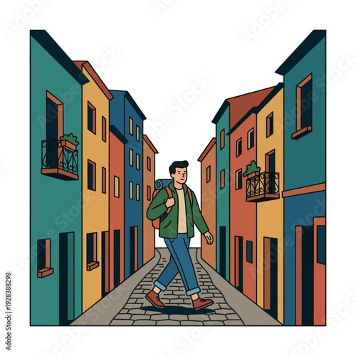 Young male tourist with backpack walking along narrow cobblestone street between colorful mediterranean houses with balconies. Concept of travel and exploration