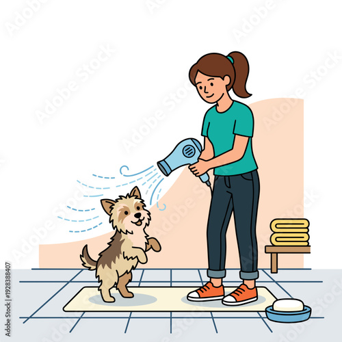 Young woman drying small terrier dog with hairdryer in bathroom interior after bath. Concept of pet care and grooming at home