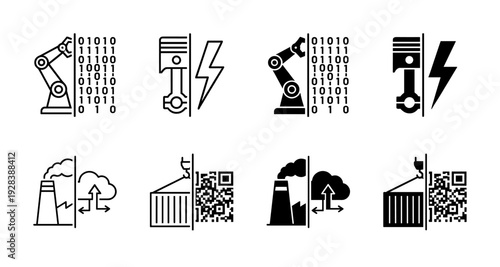 Industrial digitalization and smart manufacturing hybrid icon set featuring robotic arms with binary code and factory chimneys with cloud data symbols