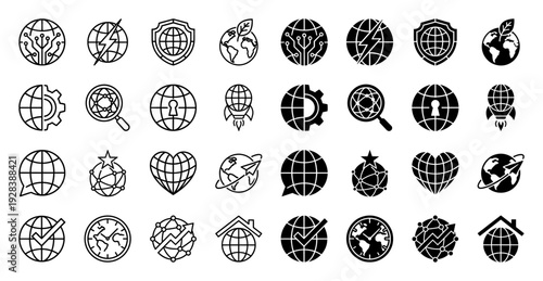 Global conceptual icons featuring hybrid globe symbols merged with technology circuit lightning bolt shield leaf gear search keyhole rocket and heart