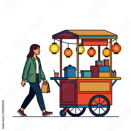 Woman walking past street food cart with glowing lanterns and cooking pots at evening market. Concept of local cuisine and night street life