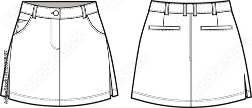 Flat Fashion Illustration of Women's Mini Skirt with Pockets Front and Back View