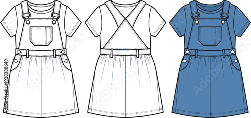 Kids Denim Pinafore Overall Dress Technical Sketch, Front and Back View Clothing Template, Flat Vector