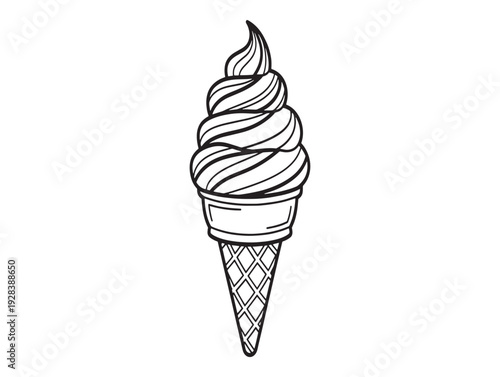 A black and white illustration of a single vanilla soft serve ice cream cone