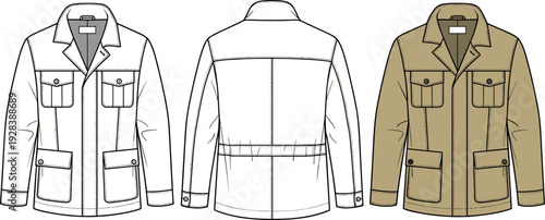 Men Field Jacket Technical Flat Sketch, Utility Safari Jacket Vector Illustration Template