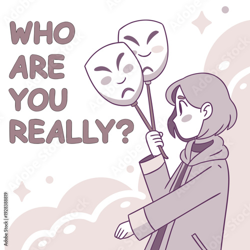 a character holding multiple masks while their real face fades away, minimalist emotional illustration style, soft pastel colors, include text ‘WHO ARE YOU REALLY?