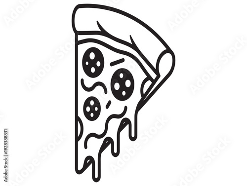 A cartoon slice of melting pizza with a sad expression