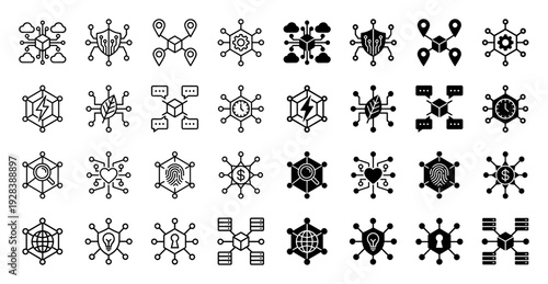 Set of modern hybrid line and solid icons featuring blockchain technology nodes integrated with data security cloud computing and financial network symbols