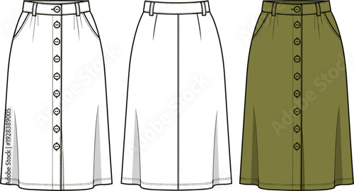 Women Button-Front Midi Skirt Vector Template, Flat Front and Back View Casual Apparel Mockup