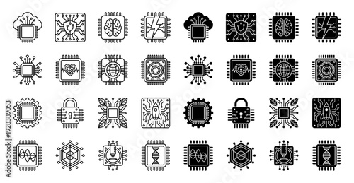 Collection of hybrid processor icons merging computer microchip circuits with brain heart rocket DNA leaf and globe symbols for smart technology