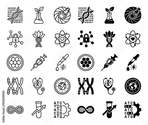 Hybrid biotechnology and genetic engineering icon set featuring DNA helix merged with binary code plant sprouts lab flasks and medical equipment