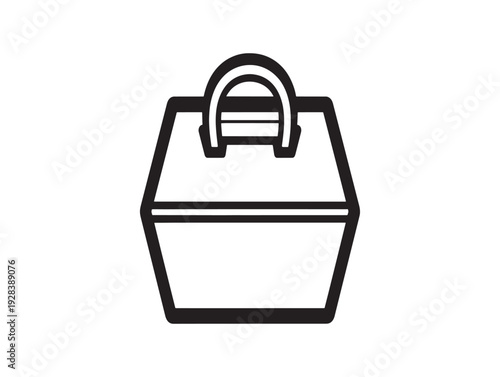 A black and white illustration of a takeout container with a handle