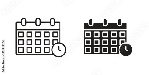 Calendar clock icon style design pack on white background. Thin line and clipart style