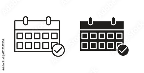 Calendar check icon style design pack on white background. Thin line and clipart style