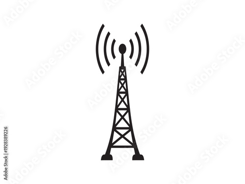 A black and white illustration of a radio broadcasting tower with signal waves
