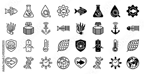 Hybrid aquatic biotechnology and sustainable aquaculture icon set featuring genomic shrimp DNA fish circuit and renewable wave energy symbols