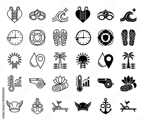 Collection of hybrid summer and spa symbols merging lifestyle icons like heart swimming pools clock surfboards and anchor infinity signs in dual styles