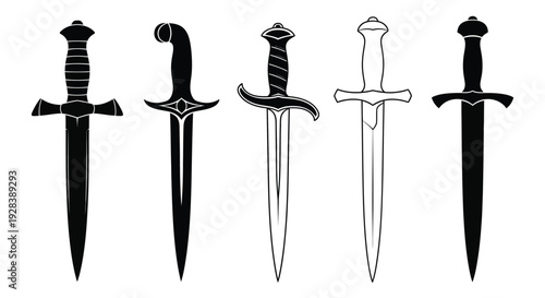 Four antique daggers displayed in a stark black and white silhouette