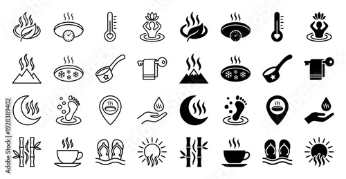 Wellness and Sauna Spa Icon Set Featuring Hybrid Concepts of Heat Steam and Relaxation Elements in Minimalist Outline and Solid Glyph Style
