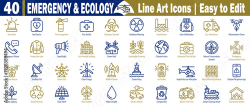 Emergency services and ecological conservation line icons. Depicting rescue vehicles, safety equipment, green energy solutions, and environmental symbols in a vector illustration.