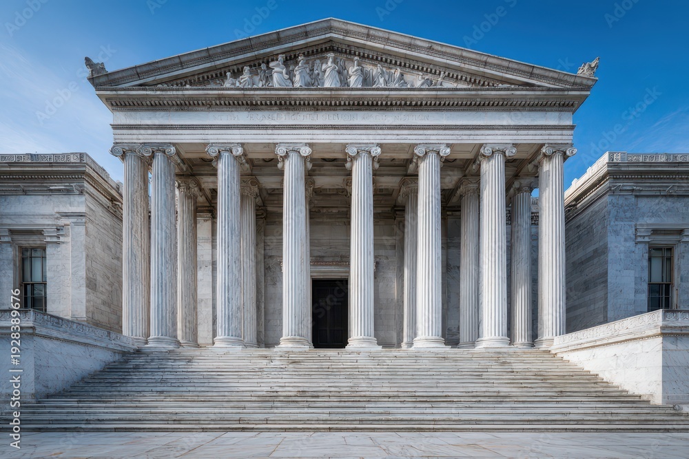 Fototapeta premium Ionic marble columns frame a grand neoclassical memorial in calm daylight
